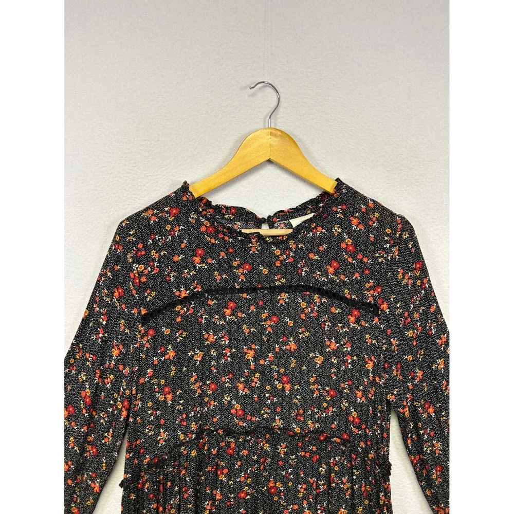 Knox Rose Boho Cottagecore Womens Small Black Floral Peplum Ruffle Blouse